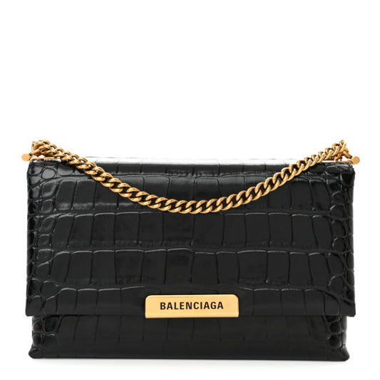 Shiny Extra Supple Calfskin Crocodile Embossed Small Triplet Bag Black
