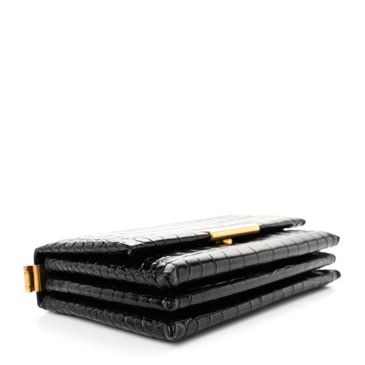 Shiny Extra Supple Calfskin Crocodile Embossed Small Triplet Bag Black