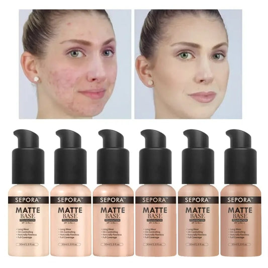 SEPORA 6 Colors Matte Liquid Foundation 30ml Oil Control Waterproof Full Coverage Facial Natural Concealer Base Makeup Cosmetics